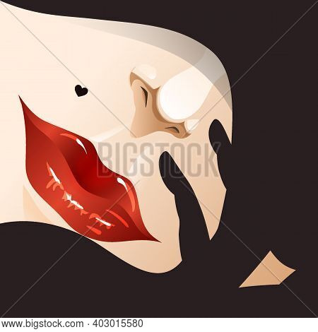 A Woman's Face, Half Hidden By A Hat And A Gloved Hand. Portrait Of A Beautiful Woman With A Birthma