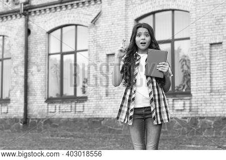 Not Jinxing It. Little Child Keep Fingers Crossed Outdoors. Small Girl Worry About Examination Resul