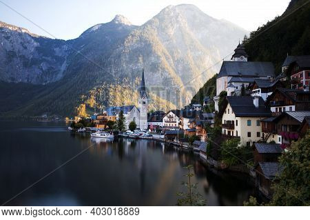 Beautiful Autumn View Of Hallstatt In Austria.