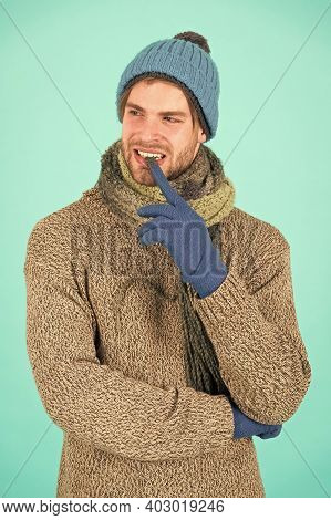 Hesitating And Doubtful. Man Handsome Unshaven Guy Wear Winter Accessories. Winter Season Sale. Hips