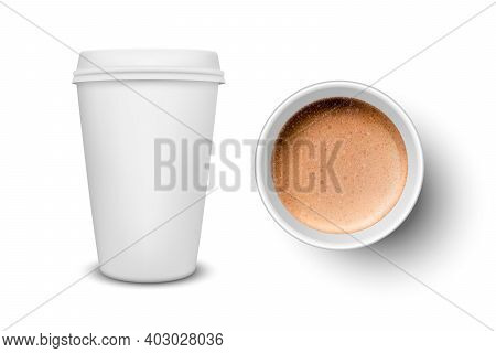 Vector 3d Realistic Paper White Disposable Cup With Milk Coffee, Foam Set Isolated. Latte, Capuccino