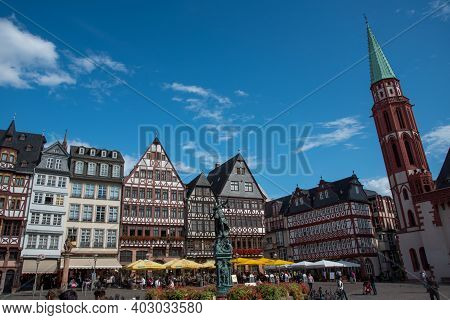 Frankfurt, Germany September 3 2015: Famous Historical Landmark Of Romerberg Square With Tourist Peo