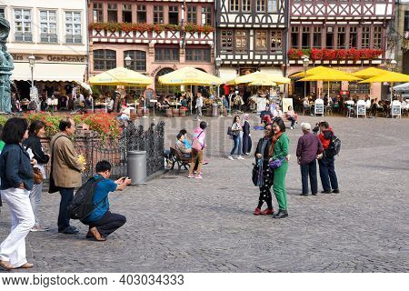 Frankfurt, Germany September 3 2015: Tourist Chinese People Taking Photos At The Famous Historical L
