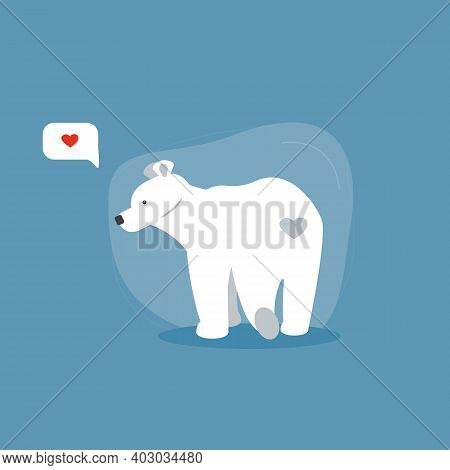 Cute Adult Polar Bear Character And Heart In Message Bubble On Blue Background. Concept For Valentin