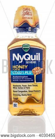 Winneconne, Wi -4 January 2021: A Package Of Vicks Nyquil Severe Cold And Flu Medicine In Honey Flav