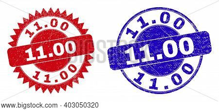Round And Rosette 11.00 Seal Stamps. Flat Vector Distress Seal Stamps With 11.00 Slogan Inside Round