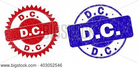 Round And Rosette D.c. Watermarks. Flat Vector Distress Watermarks With D.c. Message Inside Round An