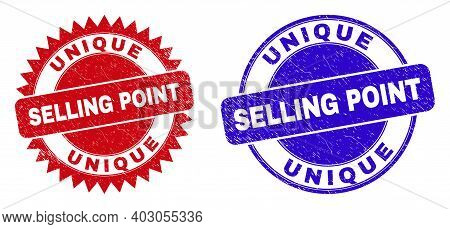 Round And Rosette Unique Selling Point Seal Stamps. Flat Vector Distress Stamps With Unique Selling 