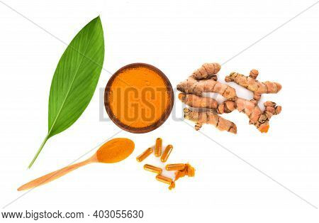 Top View Of Turmeric  Isolated On White Background.