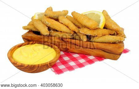 Fried Bread Crumb Covered Whitebait Fish With Mayonnaise Dip In An Olive Wood Dish Isolated On A Whi