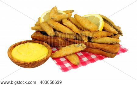 Fried Bread Crumb Covered Whitebait Fish With Mayonnaise Dip In An Olive Wood Dish Isolated On A Whi
