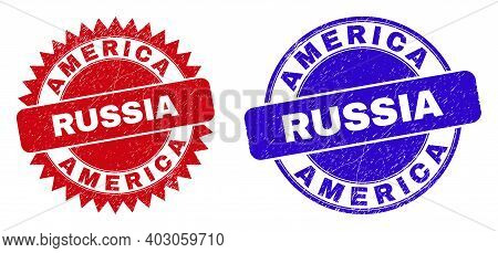 Round And Rosette America Russia Seal Stamps. Flat Vector Grunge Seal Stamps With America Russia Slo