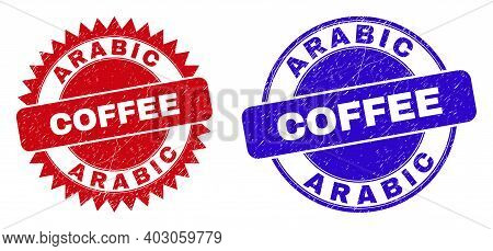 Rounded And Rosette Arabic Coffee Stamps. Flat Vector Scratched Seal Stamps With Arabic Coffee Text 