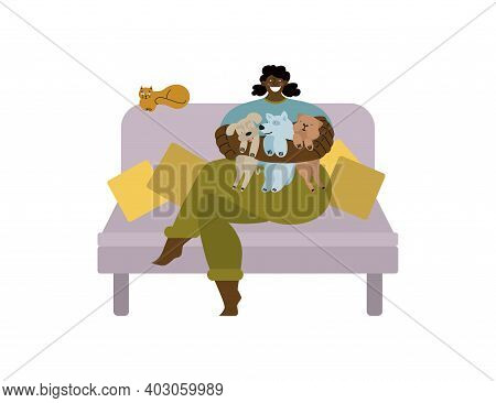 African Girl Dogsitter Sitting On The Couch With A Cat And A Pug, Husky, Mongrel.