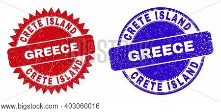 Round And Rosette Crete Island Greece Seals. Flat Vector Scratched Watermarks With Crete Island Gree