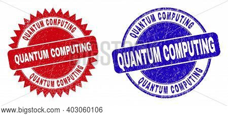 Round And Rosette Quantum Computing Seal Stamps. Flat Vector Textured Seal Stamps With Quantum Compu