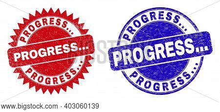 Round And Rosette Progress... Stamps. Flat Vector Grunge Watermarks With Progress... Tag Inside Roun