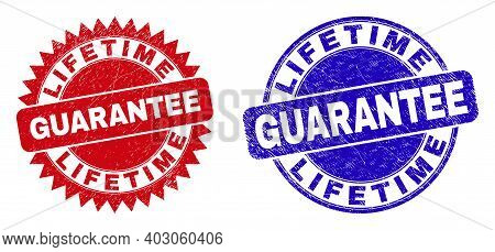 Rounded And Rosette Lifetime Guarantee Seal Stamps. Flat Vector Textured Seal Stamps With Lifetime G