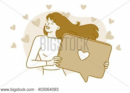 Love, Online Dating, Messaging Concept. Young Happy Smiling Woman Cartoon Character Standing Holding