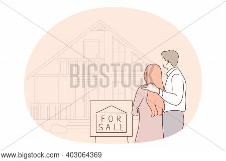 Relocating, Dreaming Of New Apartment Concept. Young Happy Couple Cartoon Characters Standing Backwa