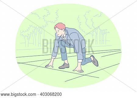 Sport, Competition, Leisure Hobby Concept. Businessman Cartoon Character Sitting And Ready To Start 