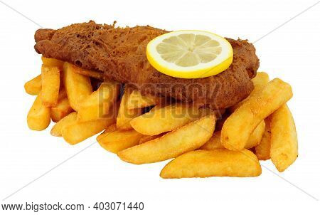Beer Battered Fish And Chips Meal Isolated On A White Background