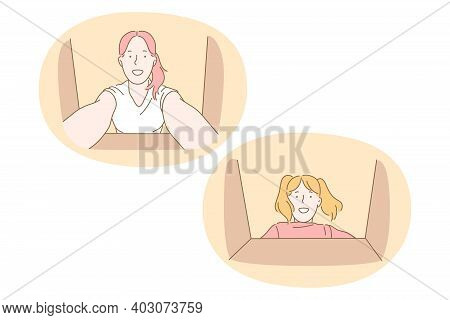 Delivery, Parcel, Present Concept. Young Smiling Women Cartoon Characters Looking At Bottom Of Box A