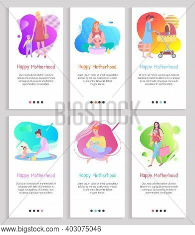Happy Motherhood Mom With Kiddo Vector, Child And Mother Pushing Perambulator, Small Baby Playing Wi