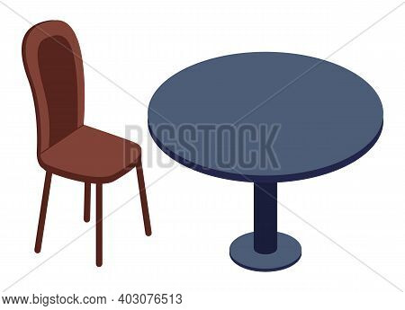 A Round Cafeteria Gray Table With Chair. Wooden Furniture On White Background, Element Of Cafe Or Re