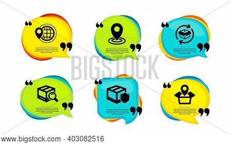 Delivery Insurance, Return Parcel And World Travel Icons Simple Set. Speech Bubble With Quotes. Sear