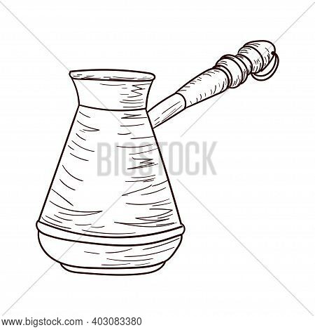 Coffee Turk, Cezva, Brown Contour Drawing Isolated On White Background, Stock Vector Illustration Fo