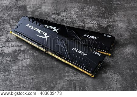Varna, Bulgaria, January 11, 2021. Two Ram Memory Modules Kingston Hyperx Fury Ddr4 On A Dark Backgr