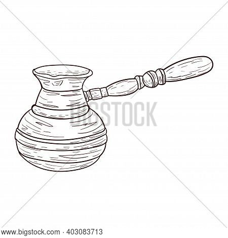 Coffee Turk, Cezva, Brown Contour Drawing Isolated On White Background, Stock Vector Illustration Fo