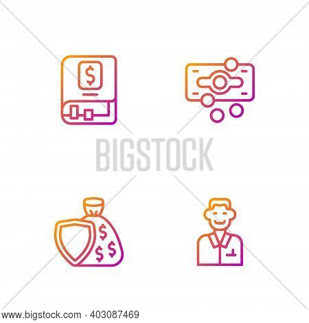 Set Line Trader, Shield And Money Bag, Financial Book And Stacks Paper Cash. Gradient Color Icons. V
