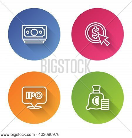 Set Line Stacks Paper Money Cash, Coin With Dollar, Ipo And Euro Symbol. Color Circle Button. Vector