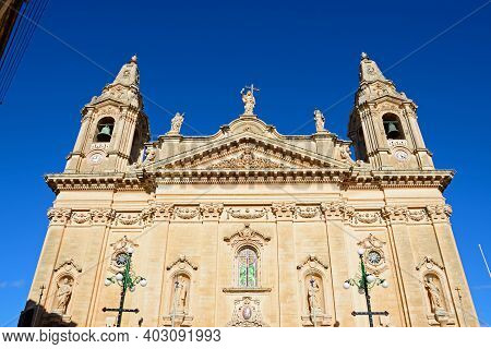 Front View Of Naxxar Parish Church, Naxxar, Malta, Europe.