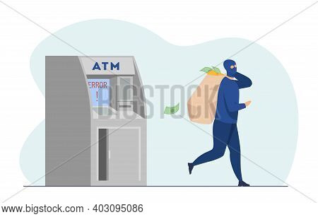 Atm Burglar Carrying Sack Of Money. Mugger In Mask With Cash, Thief, Robber, Breaking. Flat Vector I