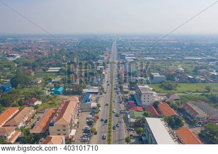 Aerial View Of Cars Driving On Highway Or Moterway. Overpass Bridge Street Roads In Connection Netwo