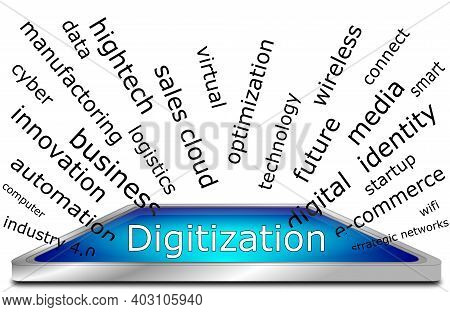 Digitization Wordcloud Blue On White Background - Illustration