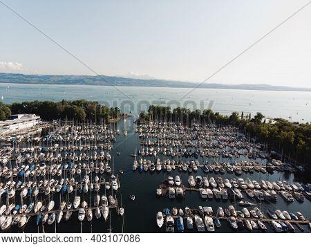 Aerial Panorama Of Sailboats Ships Yachts In Marina Harbour Port Dock Pier In Kressbronn Bodensee Ge