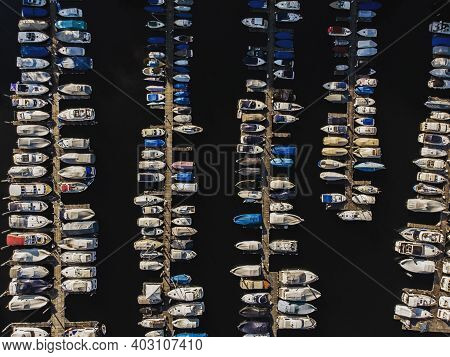 Aerial Panorama Of Sailboats Ships Yachts In Marina Harbour Port Dock Pier In Kressbronn Bodensee Ge