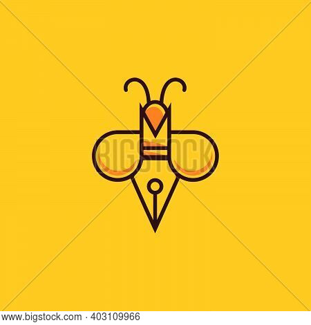 Writer Bee Logo. Pen With Bee Logo Design Concept