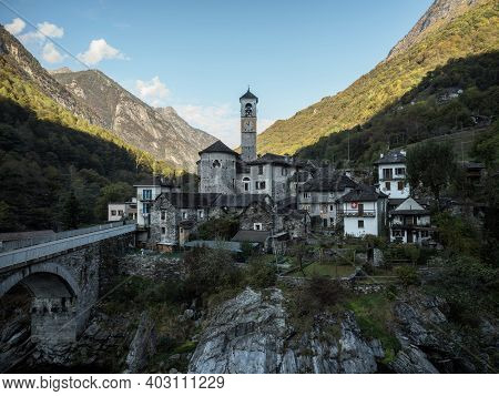 Panorama View Of Historic Alpine Mountain Village Town Lavertezzo Verzasca River Locarno Ticino Swit