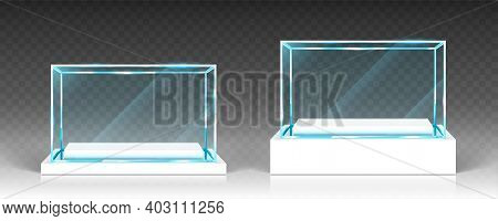 Glass Showcases, Display, Exhibit Stand, Transparent Boxes Front View On White Wood Or Plastic Base.
