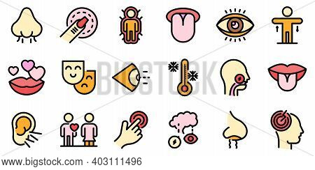 Senses Icons Set. Outline Set Of Senses Vector Icons Thin Line Color Flat On White