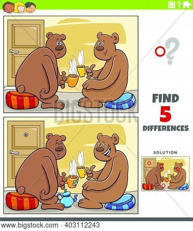 Cartoon Illustration Of Finding The Differences Between Pictures Educational Game For Children With 