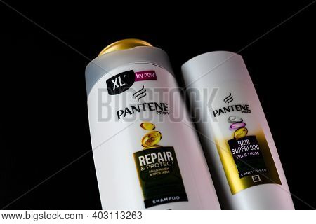 Pantene For Women, Products For Washing Hair Isolated On Black Background. Bucharest, Romania, 2021