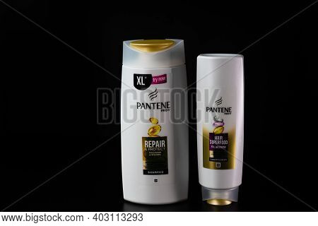 Pantene For Women, Products For Washing Hair Isolated On Black Background. Bucharest, Romania, 2021