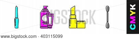 Set Nail File, Cream Or Lotion Cosmetic Tube, Lipstick And Cotton Swab For Ears Icon. Vector
