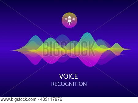 Voice Recognition And Personal Assistant Concept. Illustration Of Gradient Vector Sound Wave And Mic